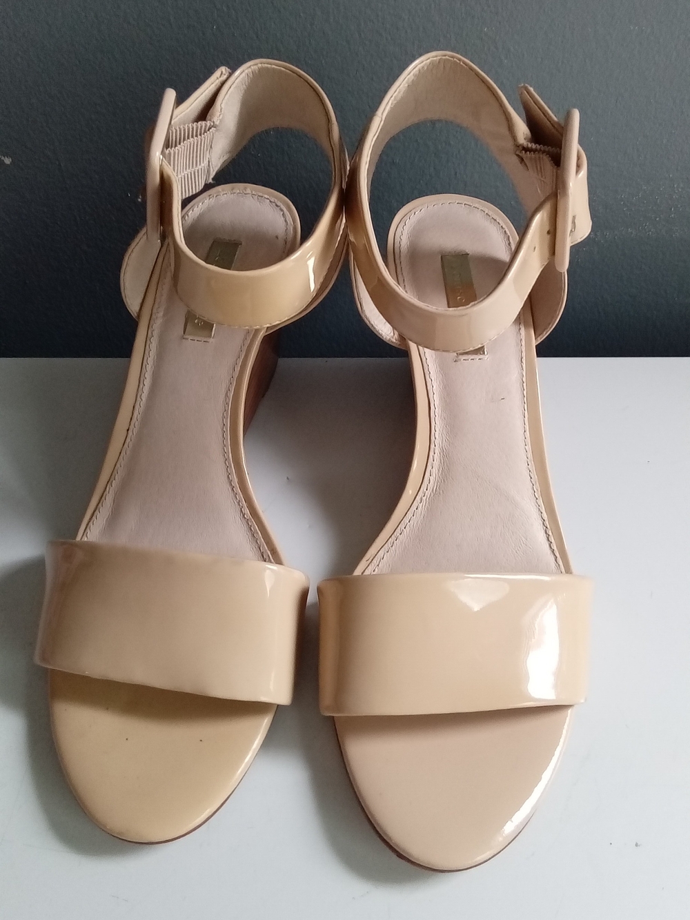 Louise et Cie Nude Patent Leather Ankle Strap Wedge Sandals Beige